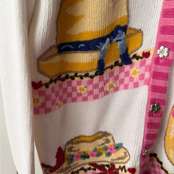 Quacker Factory pink and white cardigan with floral and hat designs. Size L - Picture 4 of 11
